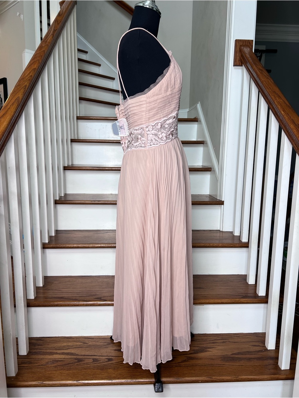 REISS Blush Pink Pleated Midi Dress Lace Waist Silk Look Chiffon US 6 - Picture 5 of 11